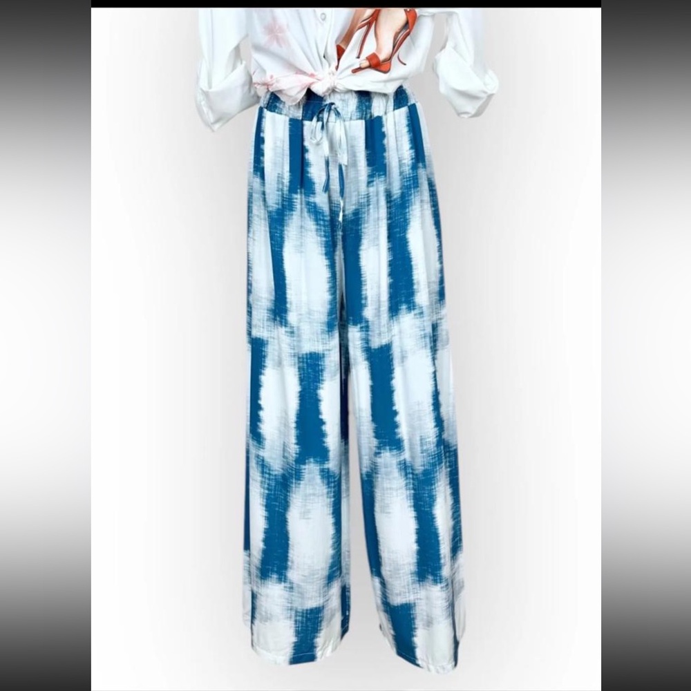Blue and White Women's Wide-Leg Pants MADE IN ITALY